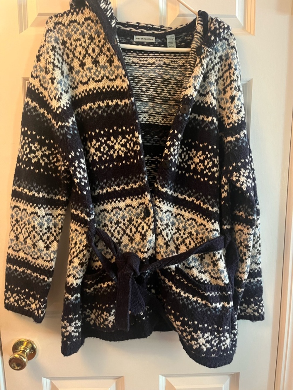 Marsh Landing Navy & Cream Nordic Knit Belted Cardigan